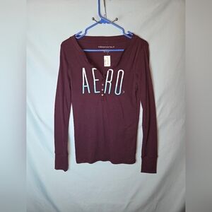 Women's Aeropostale Sz L Maroon 1/4 Button-up Front Spellout Long Sleeve Top NWT